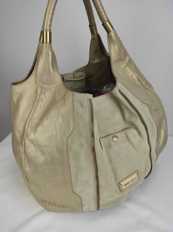 JIMMY CHOO Beige/Gold Leather and Suede Mandah Expandle Bag