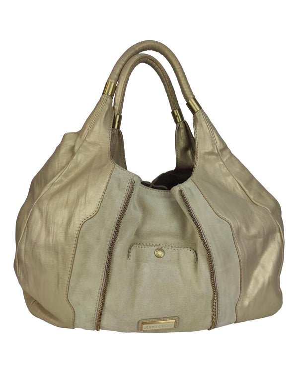 JIMMY CHOO Beige/Gold Leather and Suede Mandah Expandle Bag