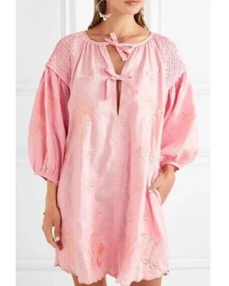 INNIKA CHOO Pink Smocked Linen Dress Size M