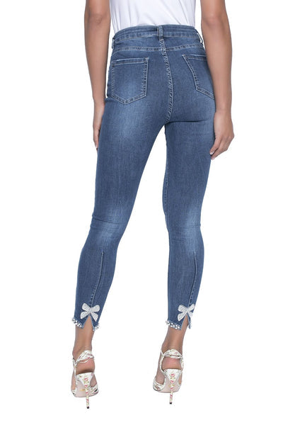FRANK LYMAN Blue Denim Jeans w/ Bow & Pearl Cuff Trim Size Small