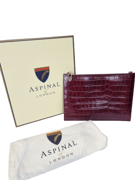ASPINAL OF LONDON Croc Print Oxblood Clutch with Gold Chain