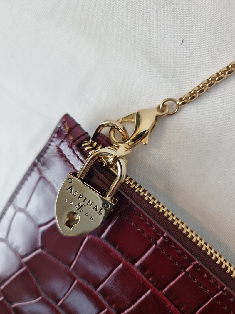 ASPINAL OF LONDON Croc Print Oxblood Clutch with Gold Chain