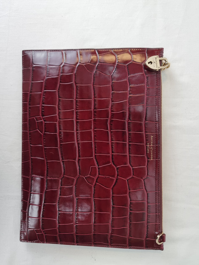 ASPINAL OF LONDON Croc Print Oxblood Clutch with Gold Chain