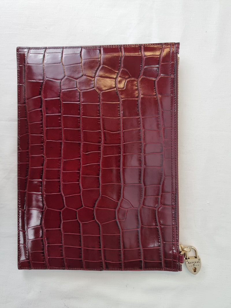 ASPINAL OF LONDON Croc Print Oxblood Clutch with Gold Chain