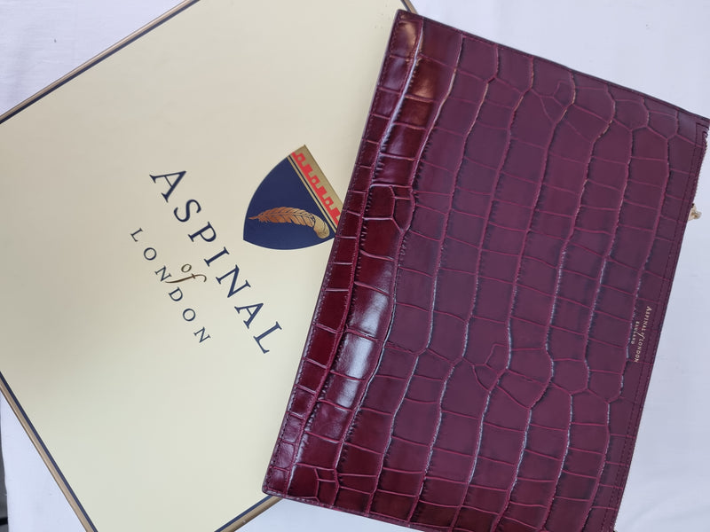 ASPINAL OF LONDON Croc Print Oxblood Clutch with Gold Chain