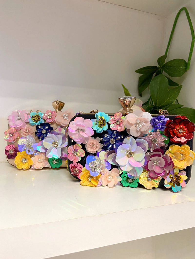 Dorothy Floral Applique Sequin & Diamante Bag - Black