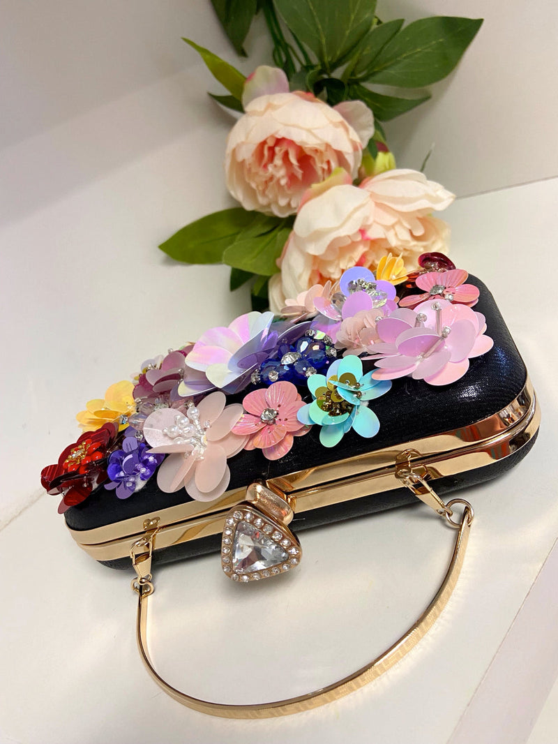 Dorothy Floral Applique Sequin & Diamante Bag - Black
