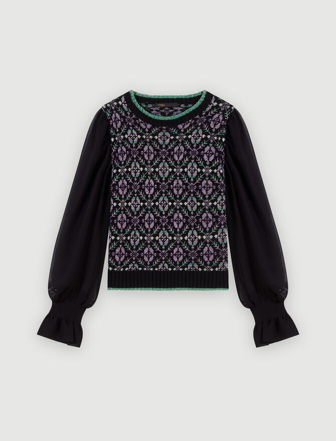 MAJE Knit w/ Chiffon Sleeves w Green/Purple Glitter Thread Jumper