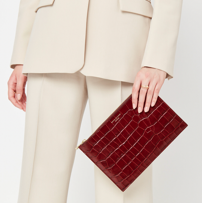 ASPINAL OF LONDON Croc Print Oxblood Clutch with Gold Chain