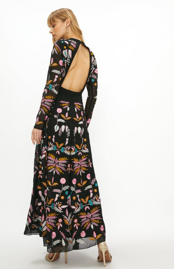 COAST MultiColour Pattern Open Back Long Black Dress Size S