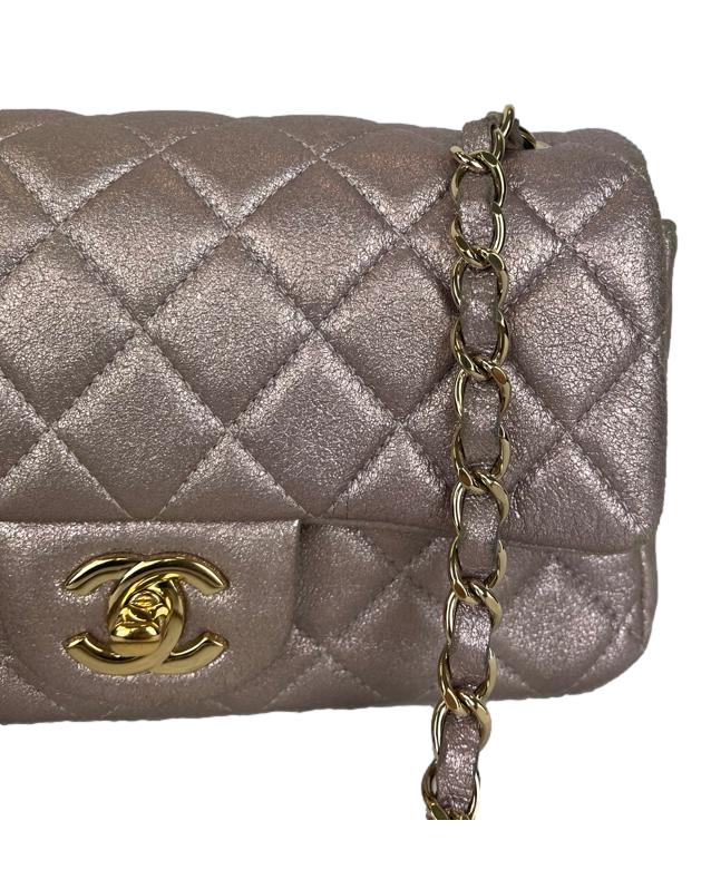 CHANEL Metallic Pink Goatskin Quilted Mini Rectangular Flap Bag