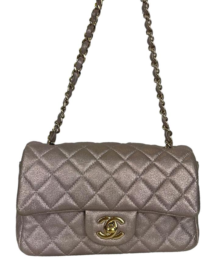 CHANEL Metallic Pink Goatskin Quilted Mini Rectangular Flap Bag