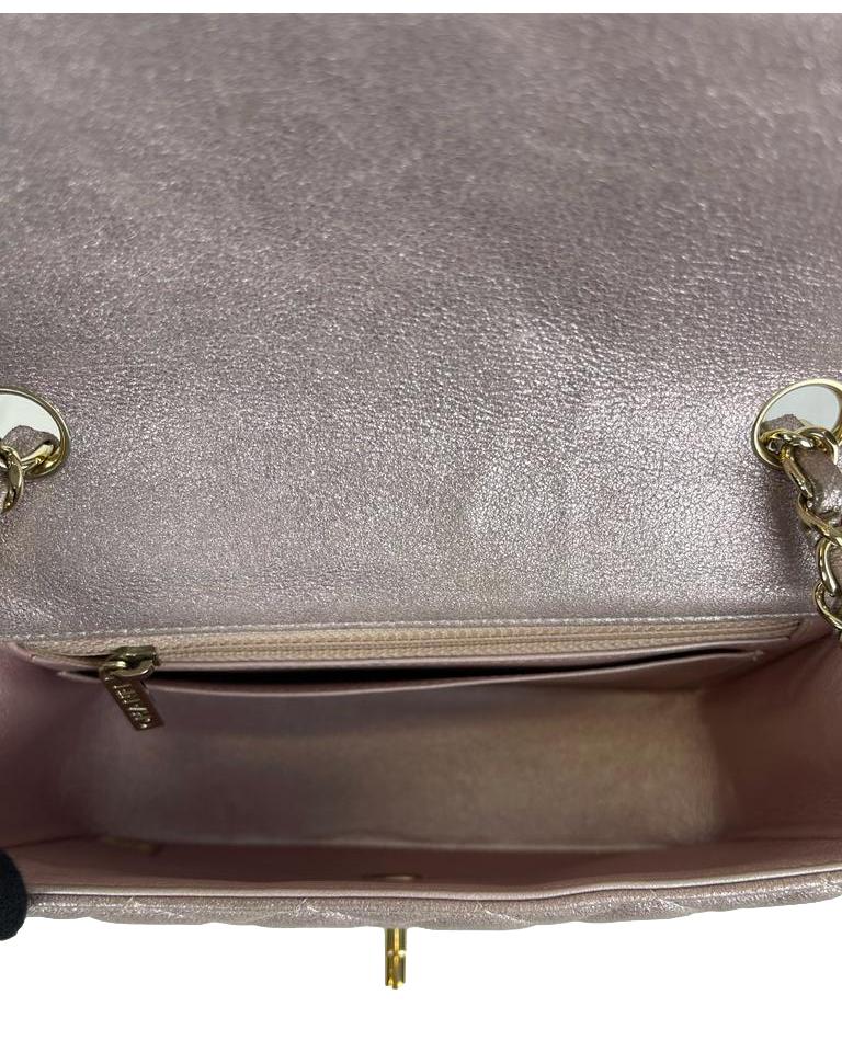 CHANEL Metallic Pink Goatskin Quilted Mini Rectangular Flap Bag