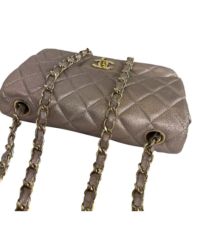 CHANEL Metallic Pink Goatskin Quilted Mini Rectangular Flap Bag