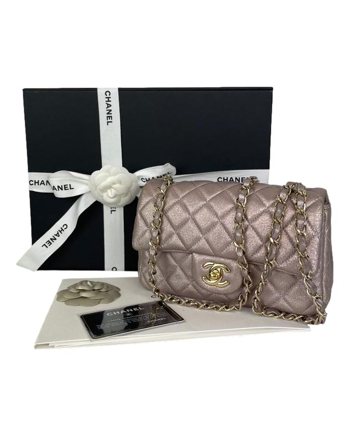 CHANEL Metallic Pink Goatskin Quilted Mini Rectangular Flap Bag