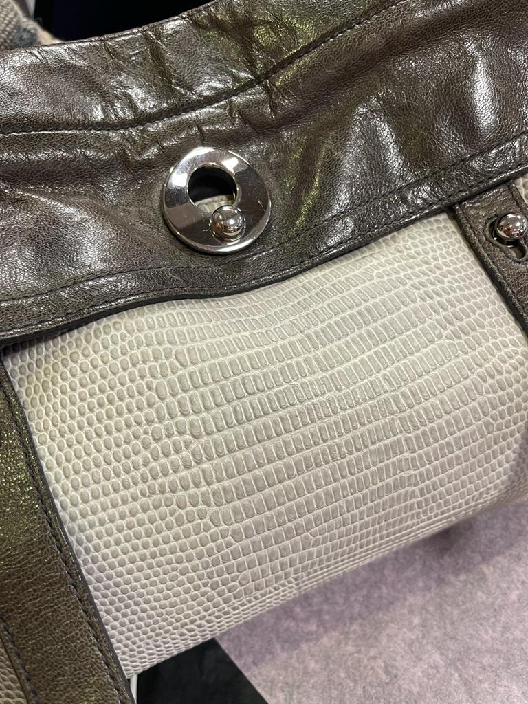 YVES SAINT LAURENT Tricolor Lizard Embossed Leather and Suede Top Handle Bag