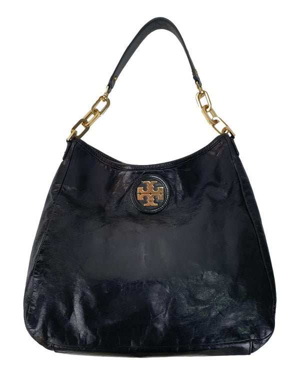 TORY BURCH Black Crinkled Leather Hobo Bag