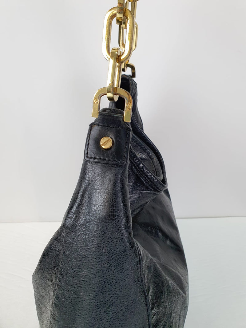 TORY BURCH Black Crinkled Leather Hobo Bag